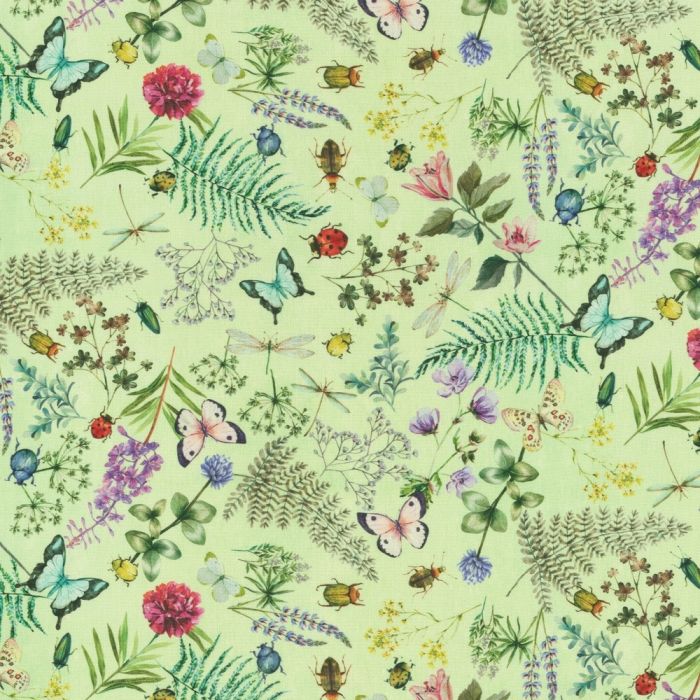 Digitale Dralonprint 12 stof met bladeren, bloemen en insecten