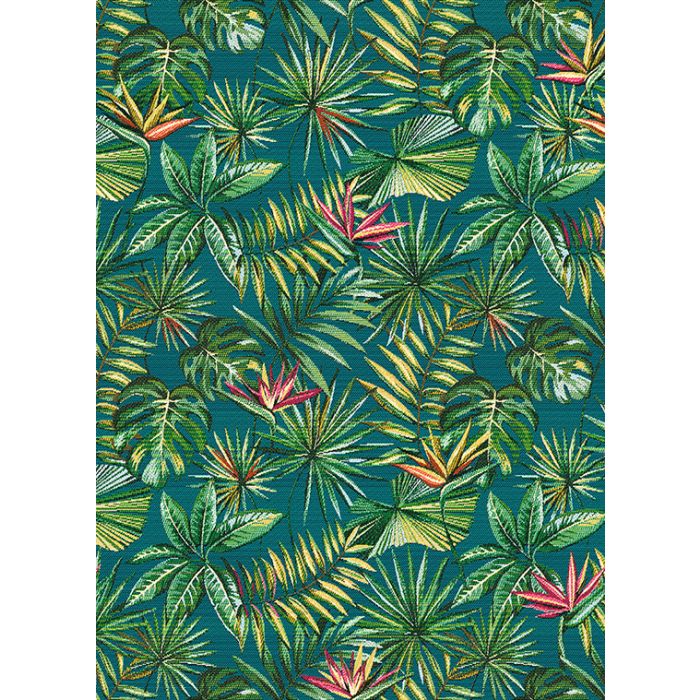 jacquardstof Bahia bleu stof met bladeren en papegaaibloem