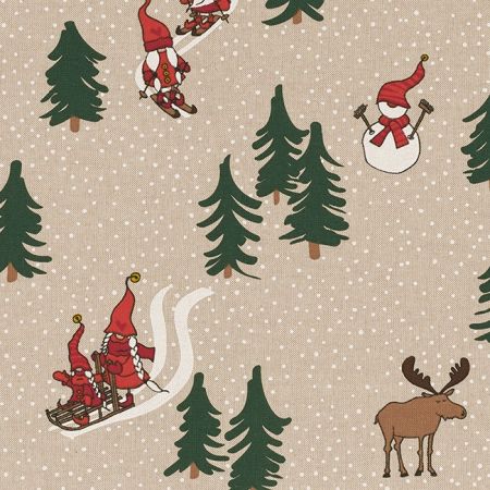 Linnenlook Kerststof 163  Tomte Ski Family 