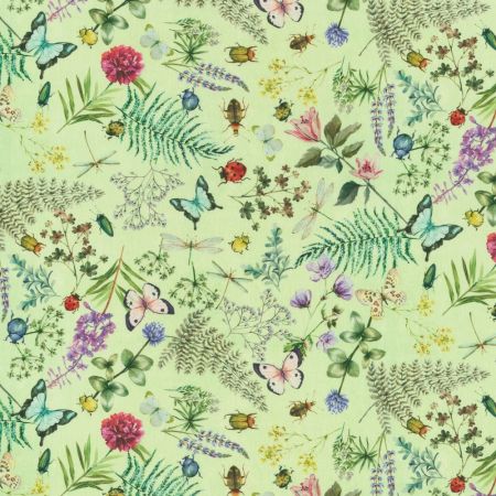 Digitale Dralonprint 12 stof met bladeren, bloemen en insecten