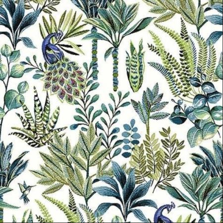 jacquardstof Amadeus bleu stof met pauw en bladeren