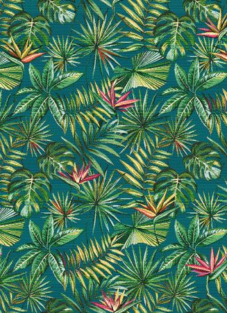jacquardstof Bahia bleu stof met bladeren en papegaaibloem