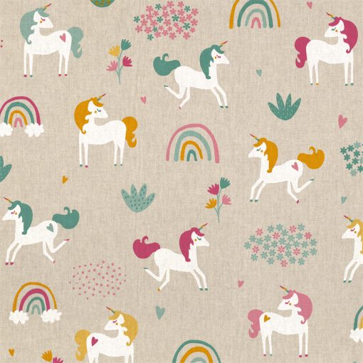 linnenlook Happy Unicorn stof met eenhoorn decoratiestof 1.104530.1810.655