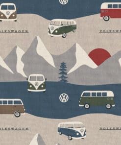 linnenlook VW Adventure Trip stof met VW busjes gordijnstof decoratiestof 1.104630.1021.460