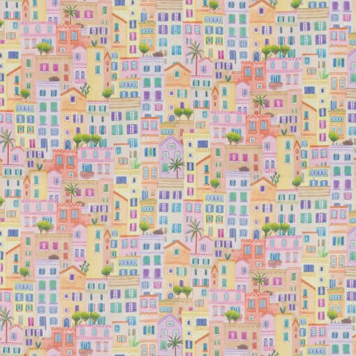 pop deco 007 Colourful Happy Village katoenen stof met huisjes