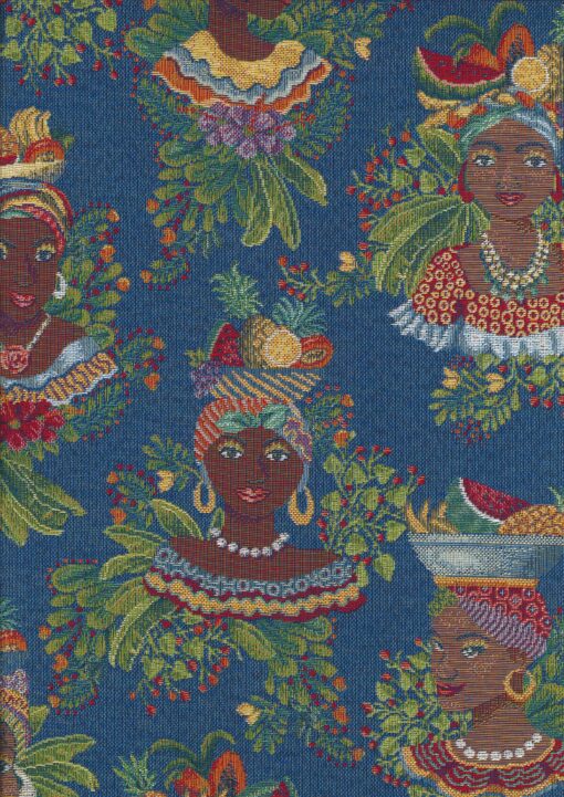 jacquardstof Cayo Blue stof met etnische vrouwen meubelstof gordijnstof decoratiestof